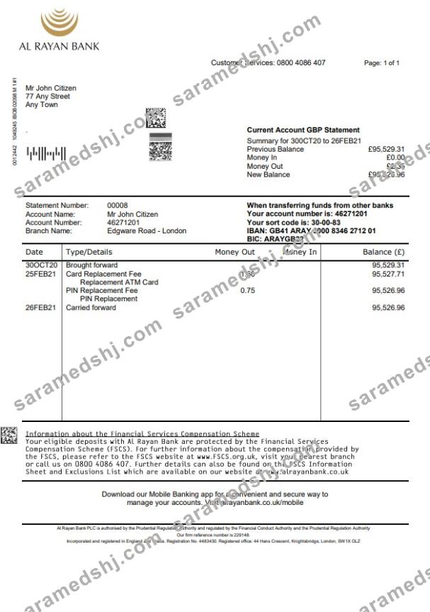 United Kingdom Al Rayan bank statement template in Word and PDF format